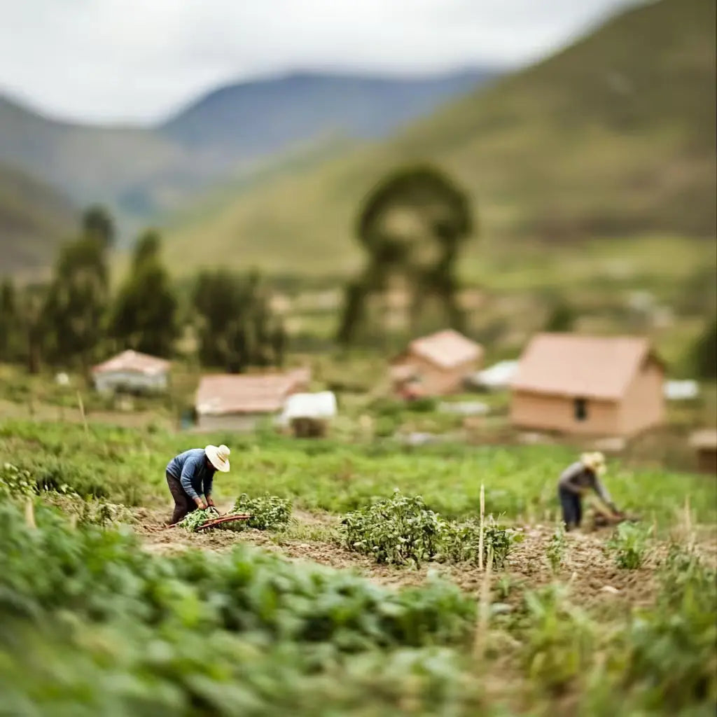 Farmers working in a lush green field with small rural houses & mountains in the background