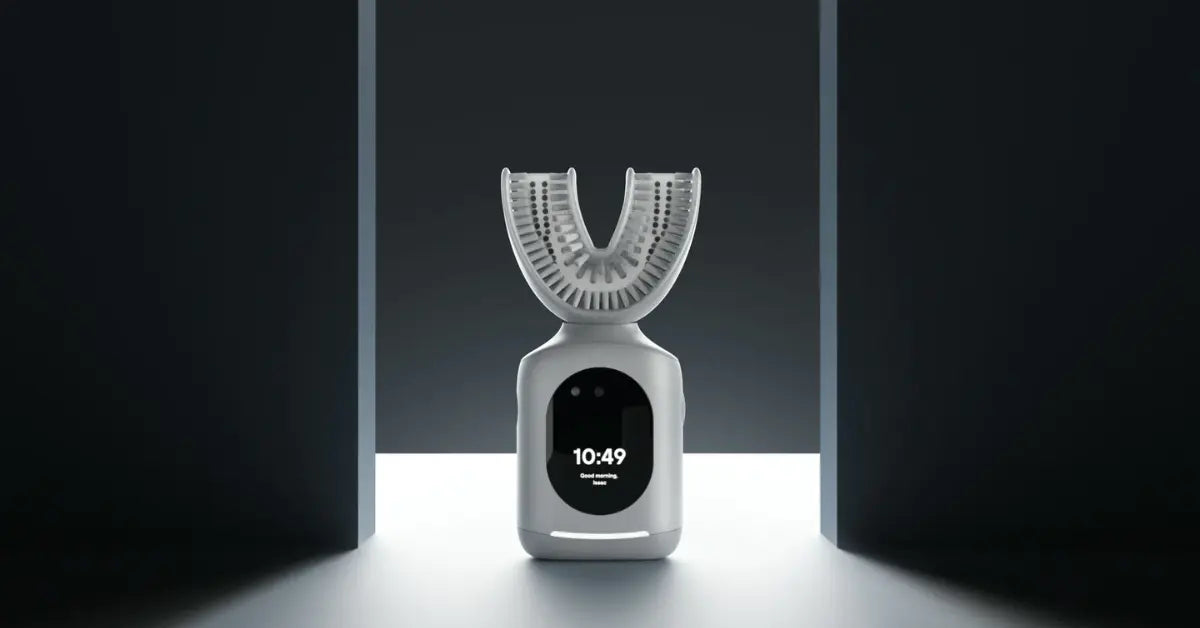 App-connected toothbrush with a sleek modern design, featuring a digital display & an advanced mouthpiece