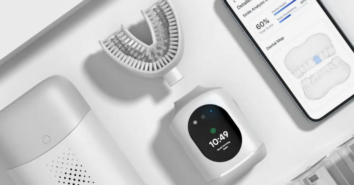 Intelligent toothbrush with a U-shaped design, digital display, & smartphone integration displaying dental health analysis