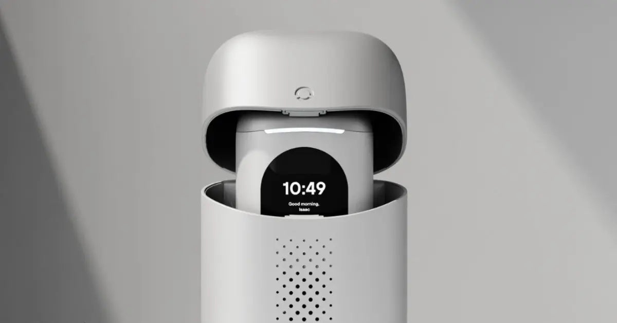 Smart toothbrush stored in a sleek charging case with a digital display showing the time.