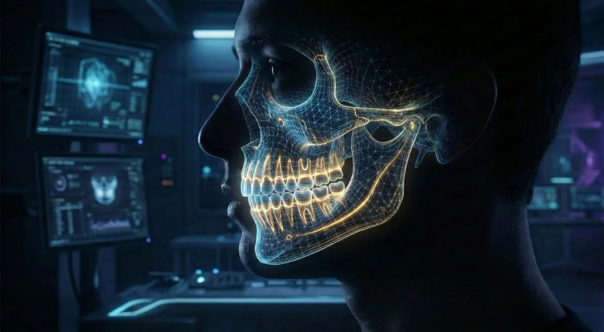 Glowing digital X-ray of a person's jaw and teeth shown in profile.