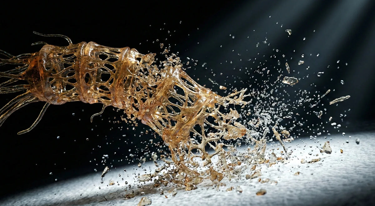 Amber biofilm mesh structure breaking apart into droplets, illustrating oral plaque disruption.