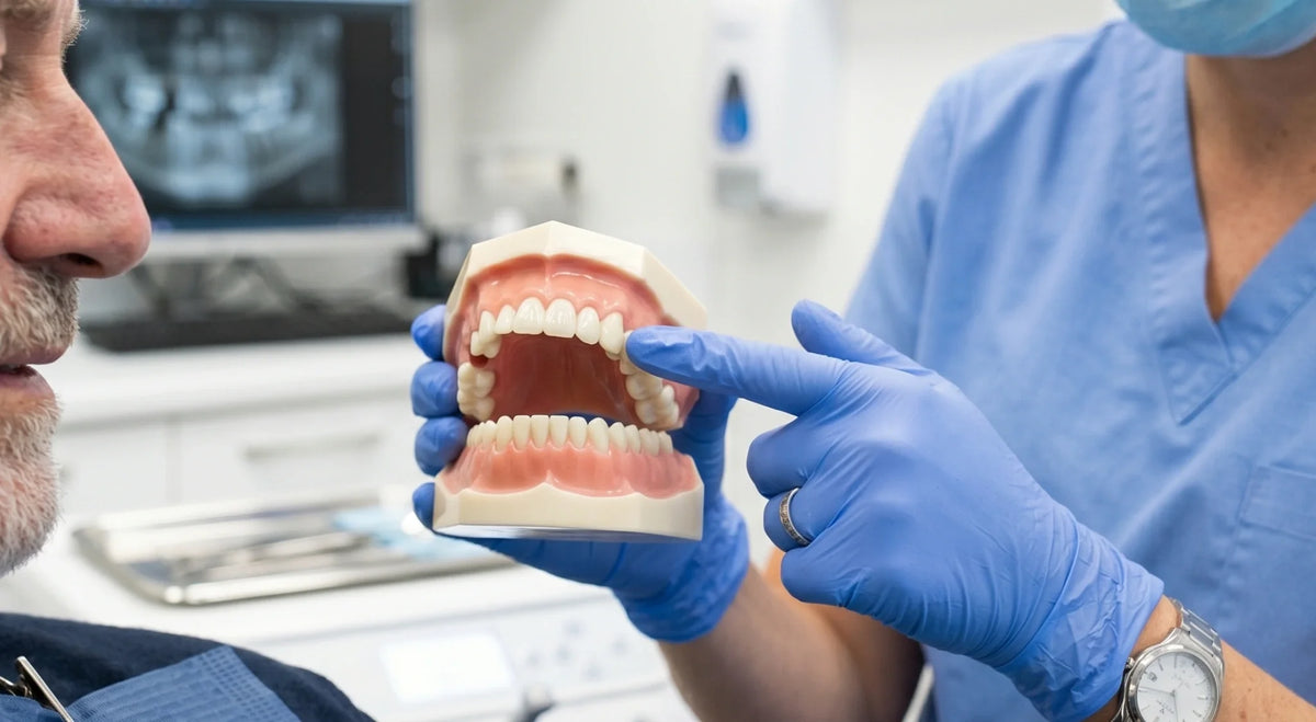 Dentist in blue scrubs points to a dental model while explaining tooth loss risk to a patient.