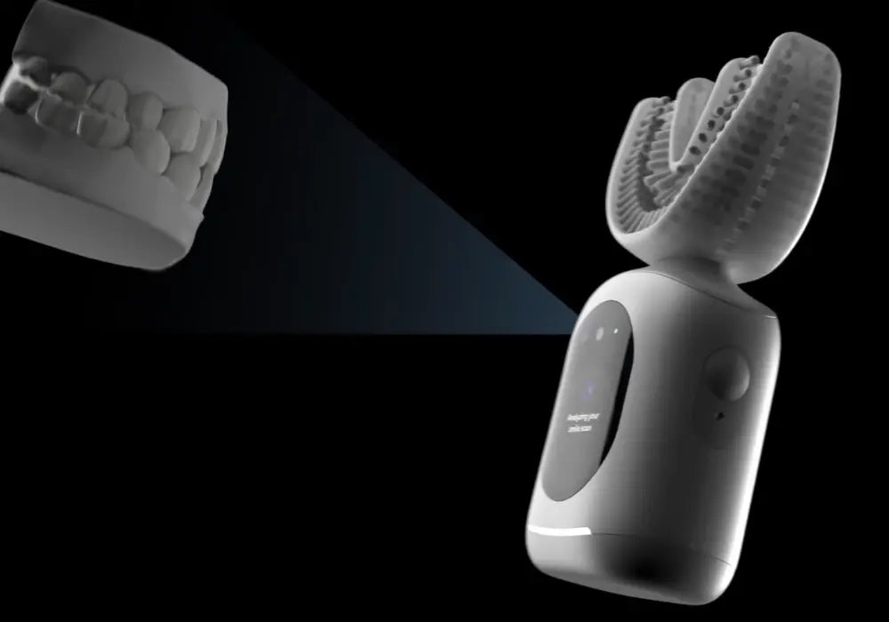 Dental health devices featuring a smart hands-free toothbrush scanning a 3D model of teeth for personalized cleaning