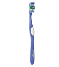 Traditional blue and white manual toothbrush with a simple, straight handle and bristles designed for basic teeth cleaning