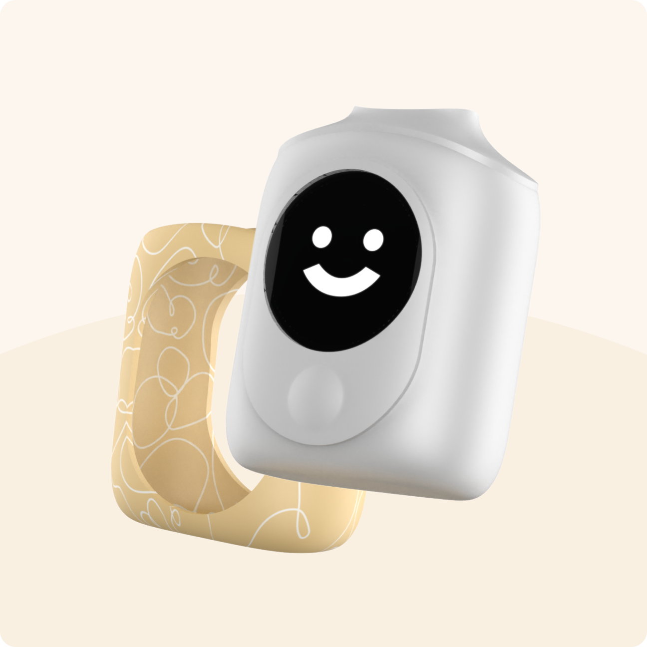 Full mouth toothbrush with white and beige patterned handle, featuring a smiling face display on the front.