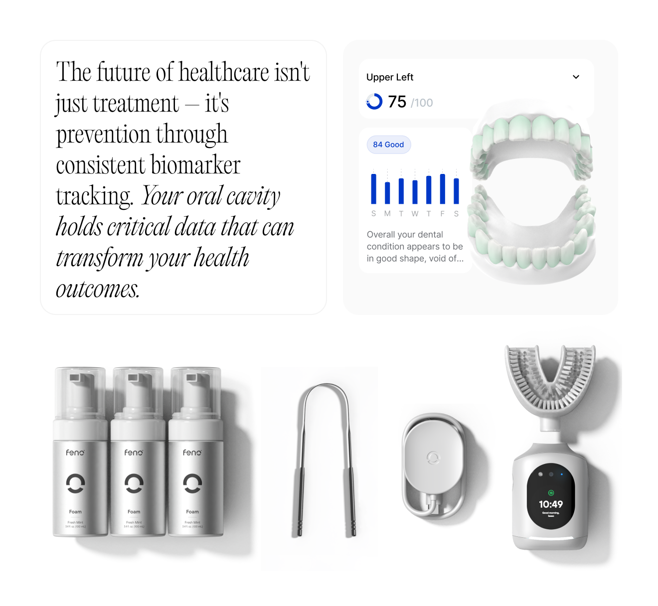 Toothbrush that connects to app for tracking oral health data, paired with foam cleanser, tongue scraper, and charging dock.