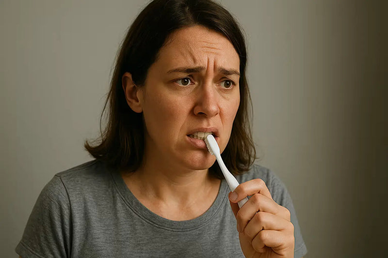 Person wincing while brushing teeth with an electric toothbrush, showing gag reflex discomfort.
