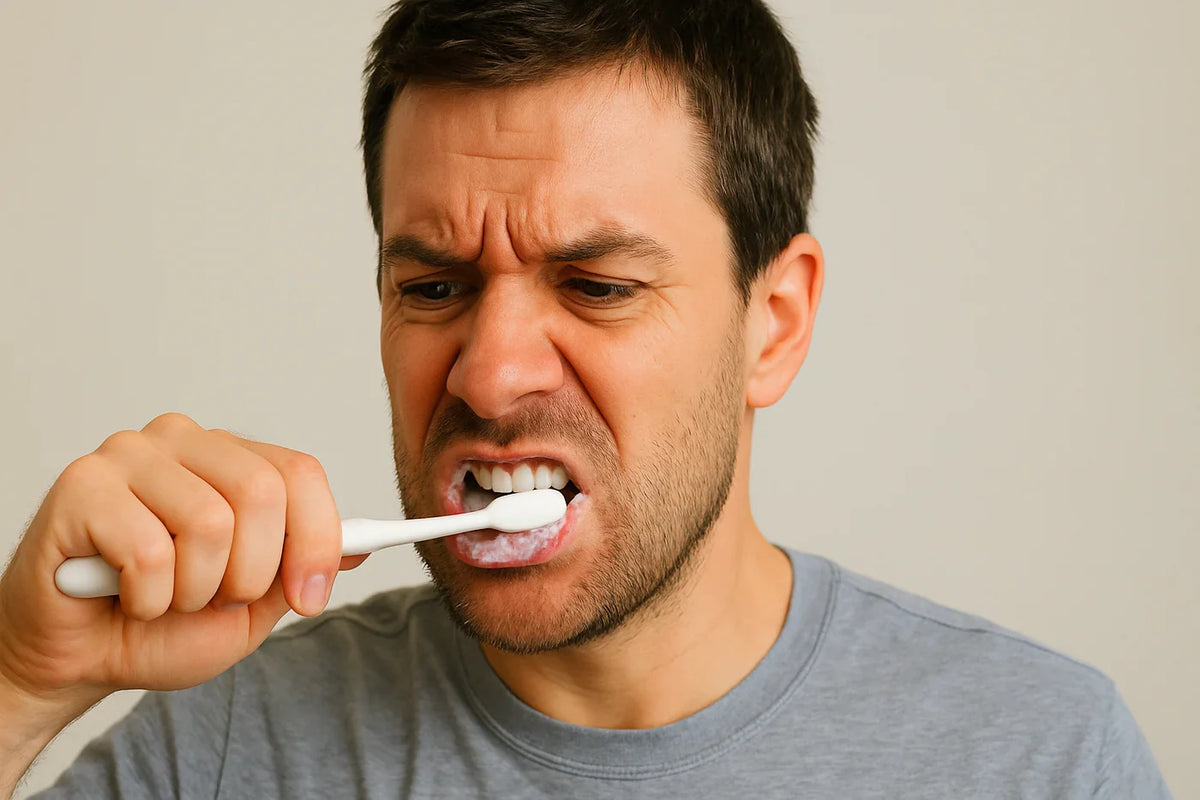 Frustrated person brushing teeth with a manual toothbrush, illustrating ADHD oral care struggles.