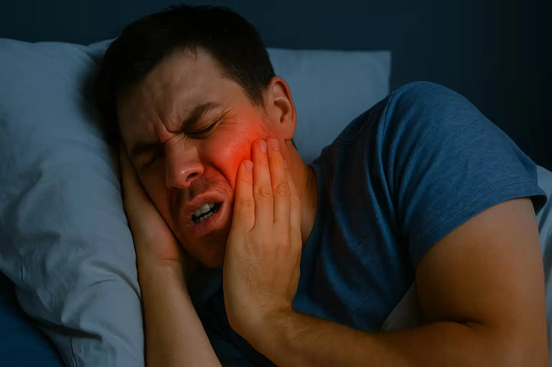 Person lying in bed at night clutching jaw, red inflammation glow signaling gum disease pain.