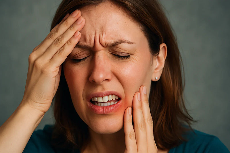Person wincing with hands on temple and jaw, showing headache and oral pain together.