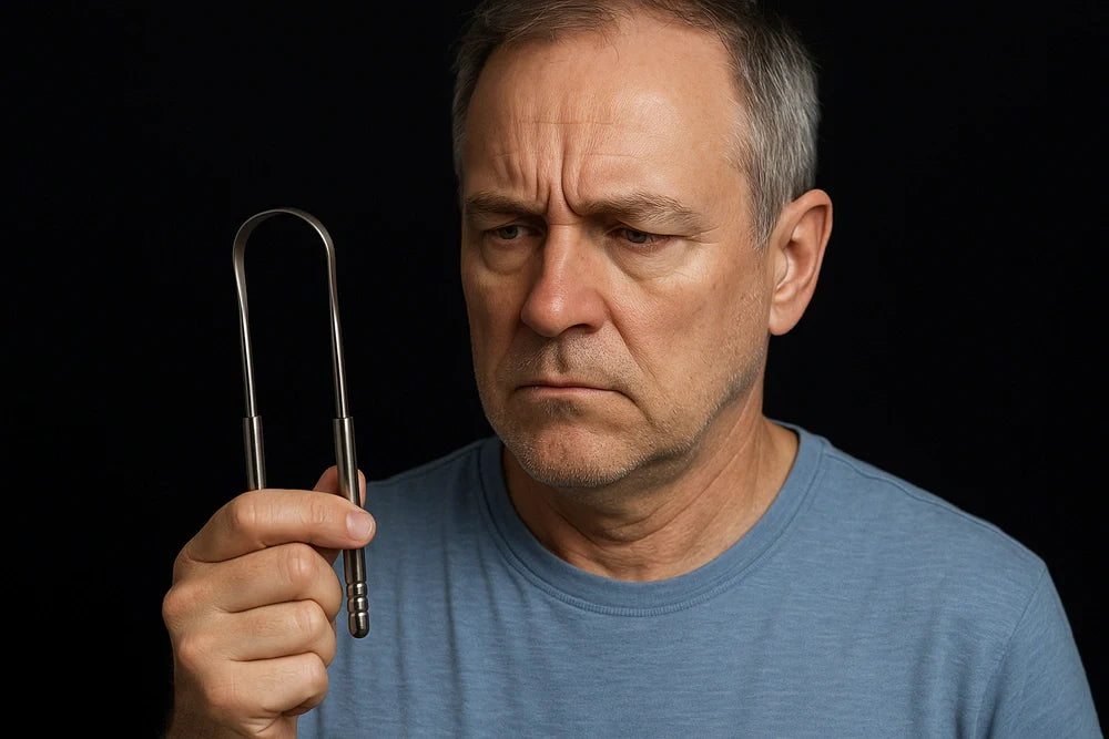 Person examining a stainless steel tongue scraper, a tool for post-stroke oral hygiene.
