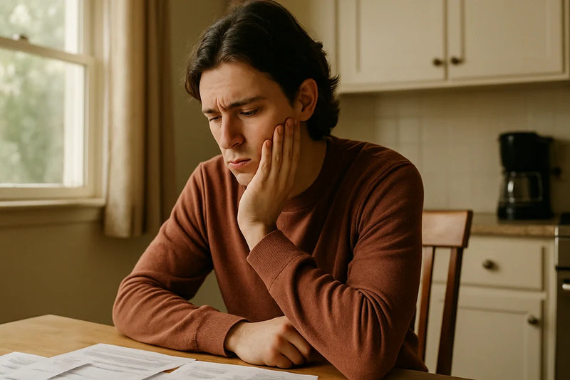 Person holding their jaw in discomfort while reviewing bills, worried about affordable dental care.