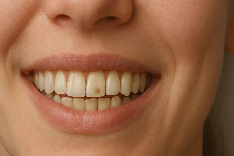 Close-up smile showing a dark brown discoloration spot on an upper front tooth.
