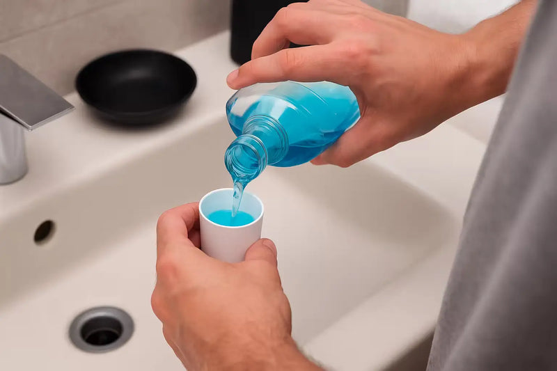 Person pouring blue mouthwash into a cup over a bathroom sink.