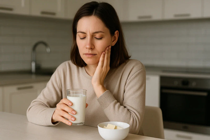 Person touches jaw in discomfort holding milk, cheese bowl nearby, illustrating dairy and tooth health concerns.