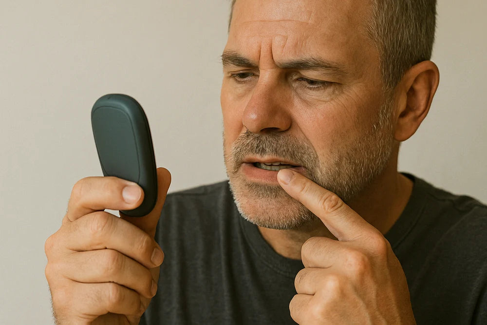 Person examines their gums in a handheld mirror, checking for early signs of gum disease.