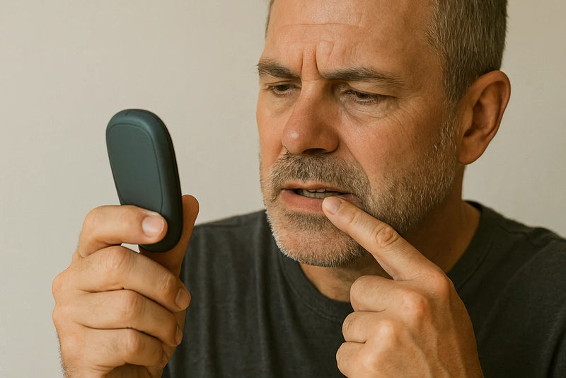 Person examines their gums in a handheld mirror, checking for early signs of gum disease.