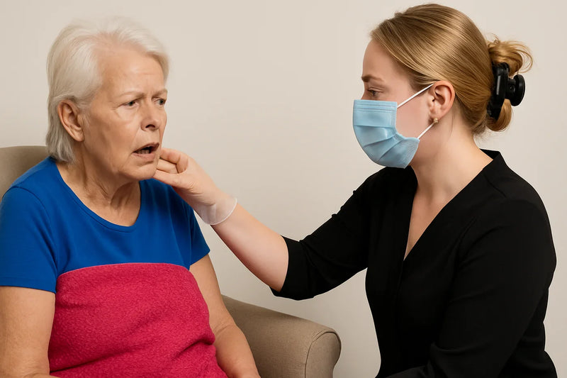 Speech therapist in mask guides an older stroke patient through oral apraxia jaw exercises.