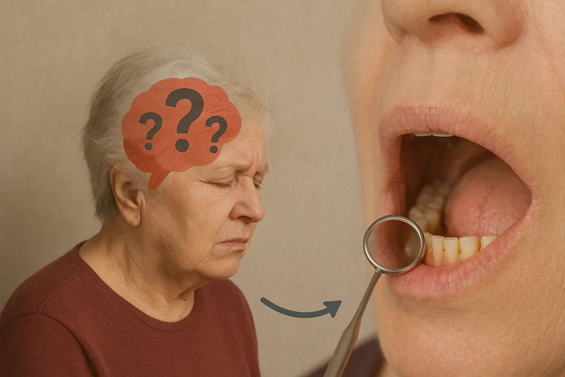 Older person with brain question-mark graphic beside a dental mirror examining an open mouth.