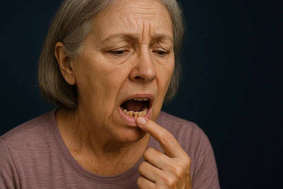 Older person pulling down their lower lip to inspect signs of tooth decay after stroke.