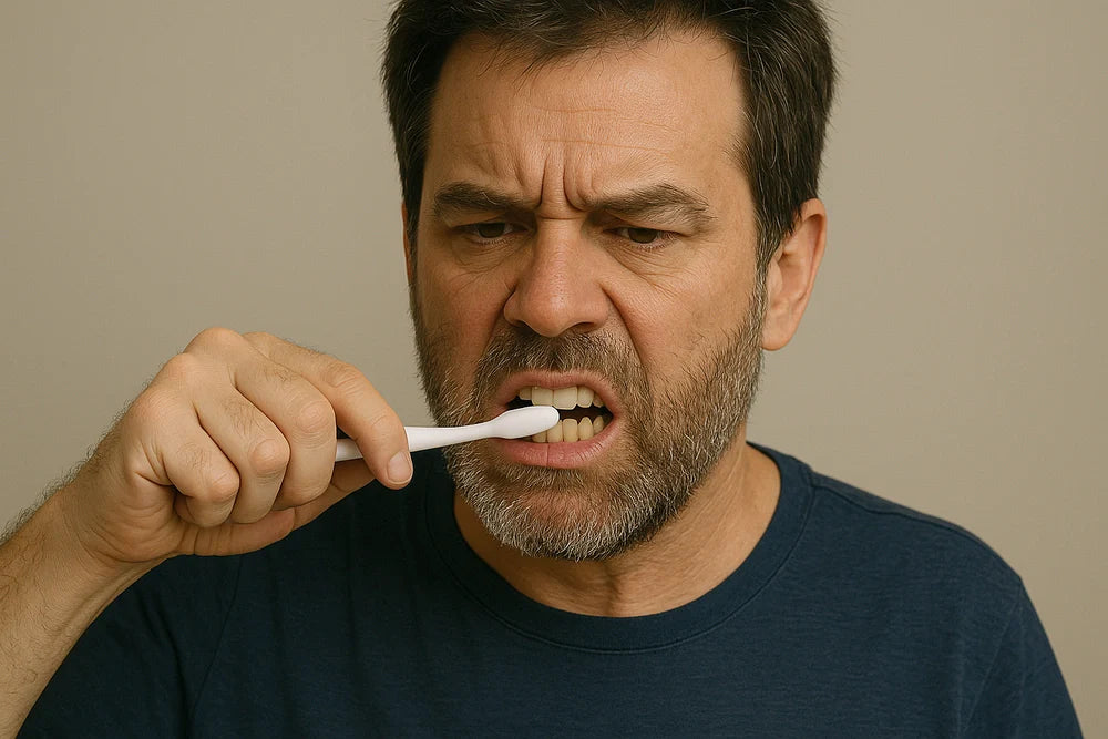 Person frowning while brushing teeth with a manual toothbrush, illustrating oral care difficulty after stroke.