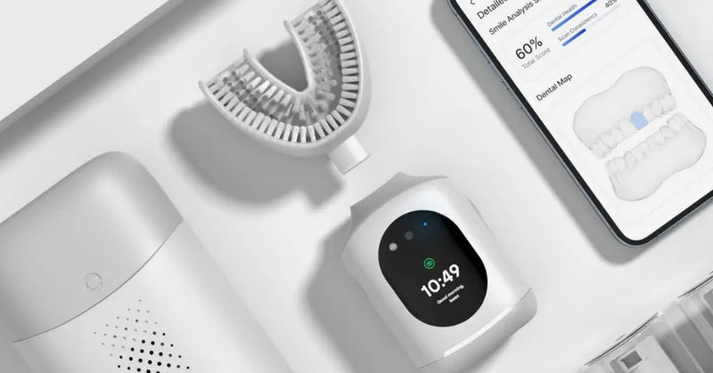 Intelligent toothbrush with a U-shaped design, digital display, & smartphone integration displaying dental health analysis