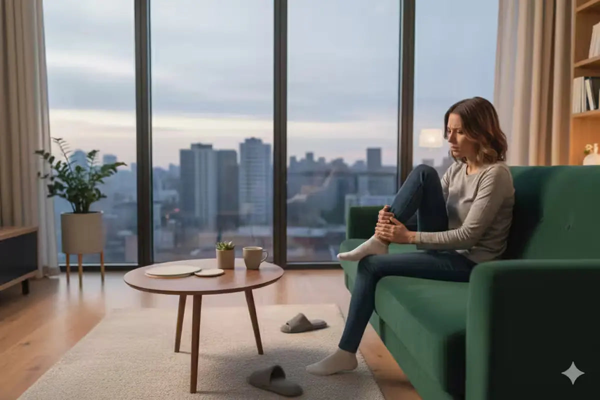 Person clutching their foot in gout pain on a green sofa by a city window.