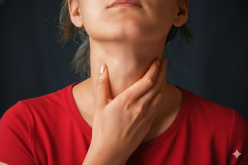 Person in red shirt touching their throat over the thyroid area against a dark background.
