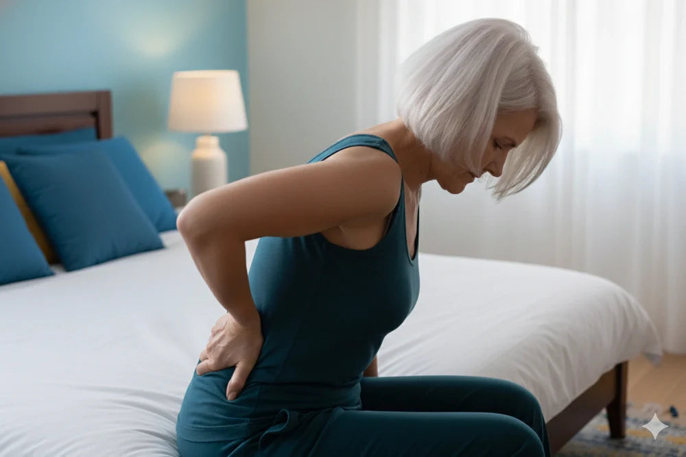 Person with white hair sits on a bed edge clutching their lower back, illustrating osteoporosis back pain.