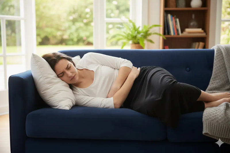 Person lies on a navy sofa clutching their stomach, showing gluten sensitivity symptoms and abdominal discomfort.
