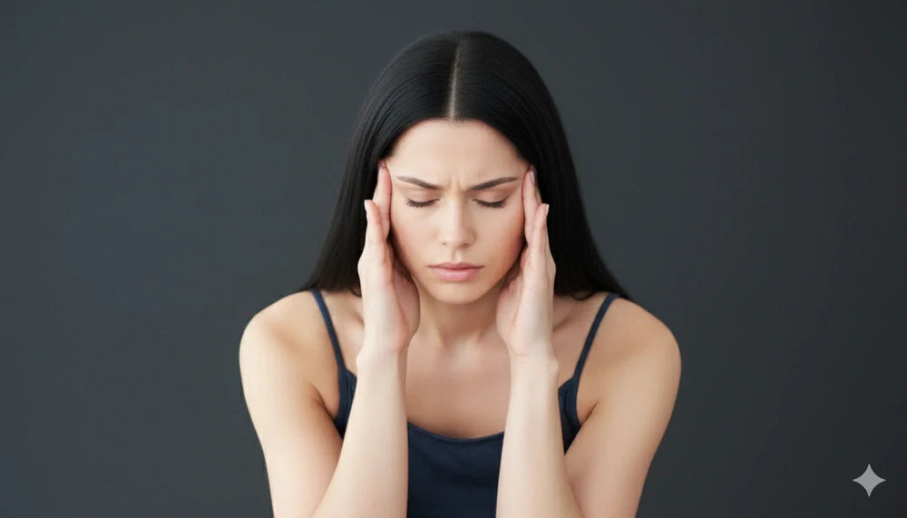 Fatigued person pressing both temples with eyes closed, illustrating iron deficiency anemia symptoms.