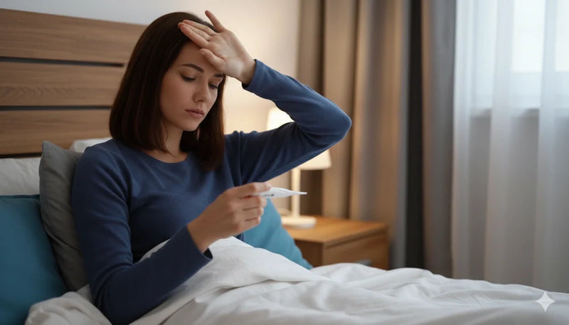 Person holding a thermometer with a hand on the forehead, unwell in bed during cold and flu season.