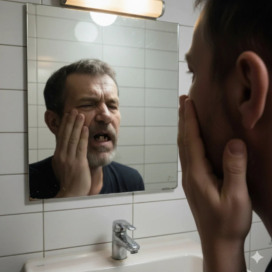 Person clutching their cheek at a bathroom mirror, showing painful tooth infection symptoms.