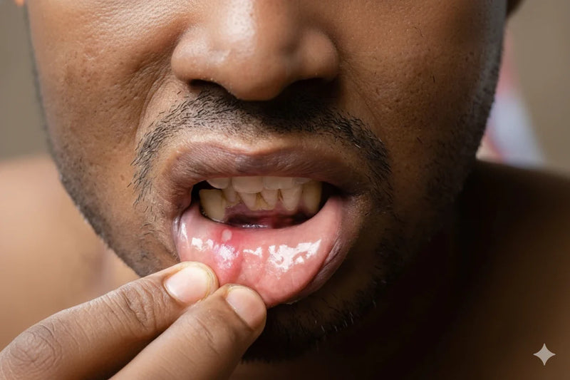 Person pulling down lower lip to reveal pale mouth sores linked to HIV.