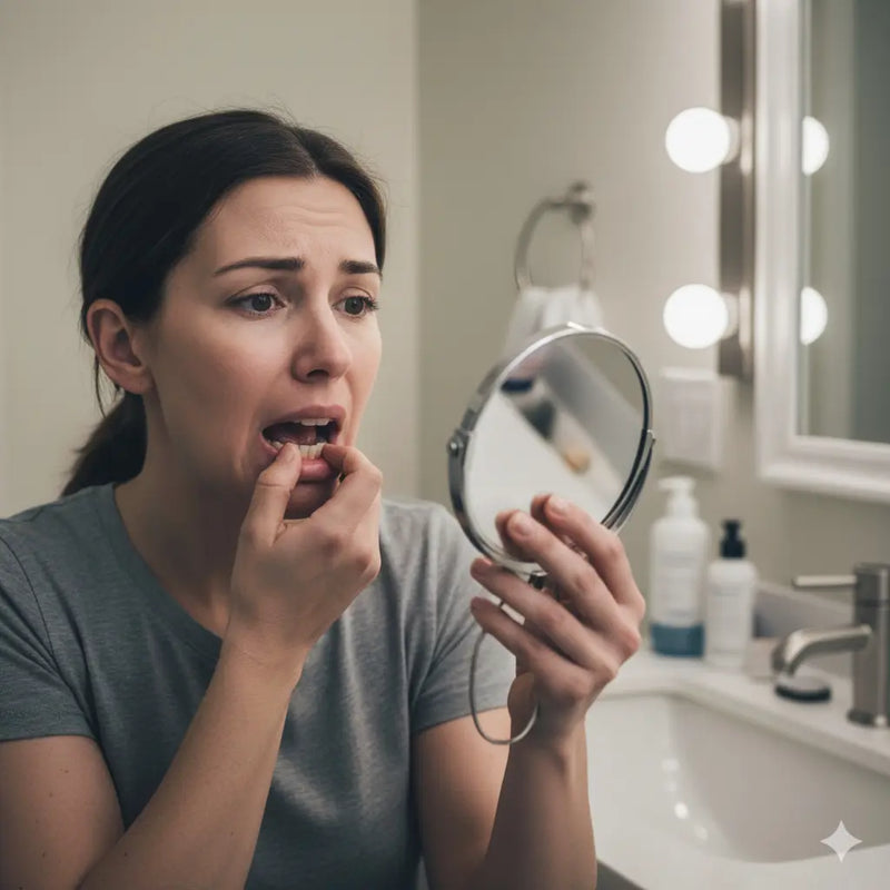 Person examining their gums in a handheld mirror while checking for gum disease signs.