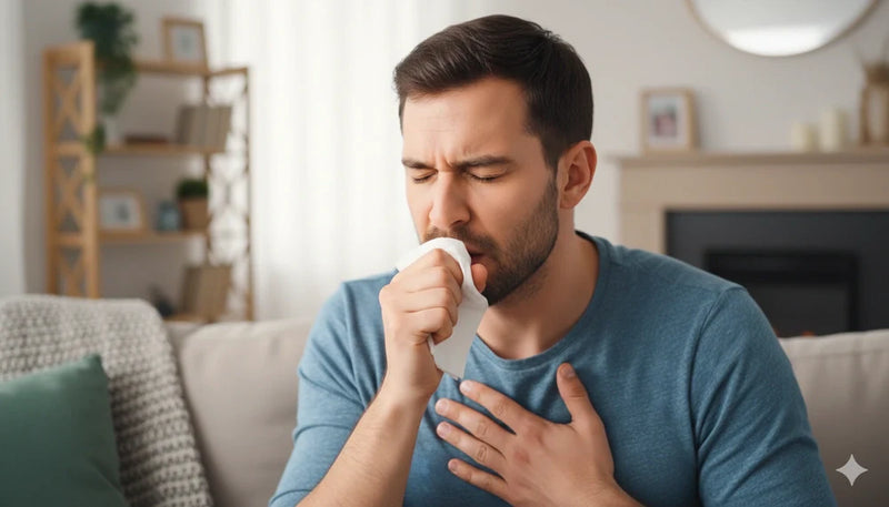 Person on a sofa coughing into a tissue and clutching their chest, a common tuberculosis symptom.