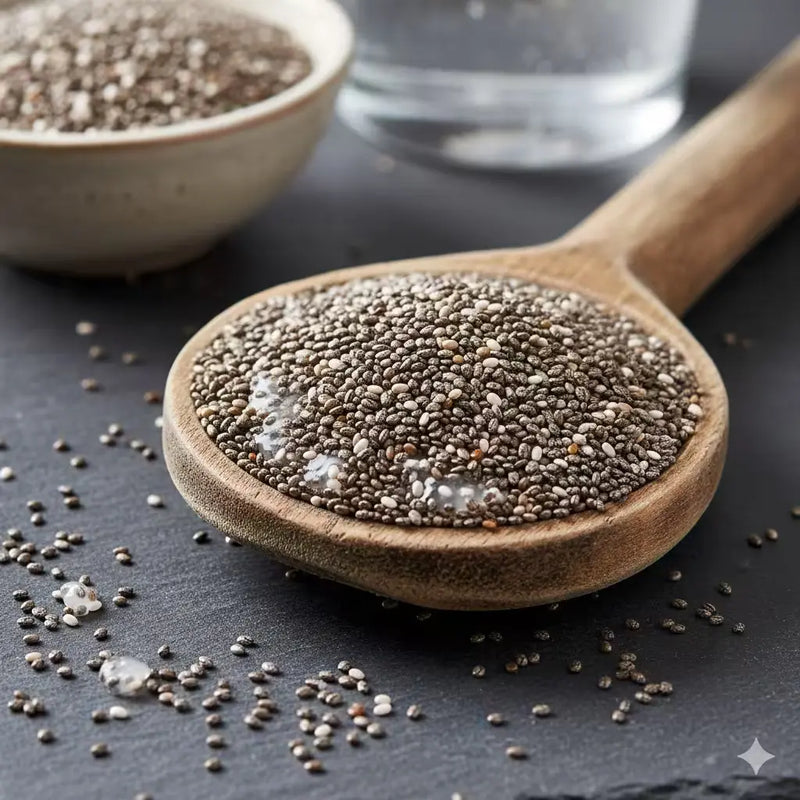 Wooden spoon heaped with chia seeds beside a bowl and glass of water.