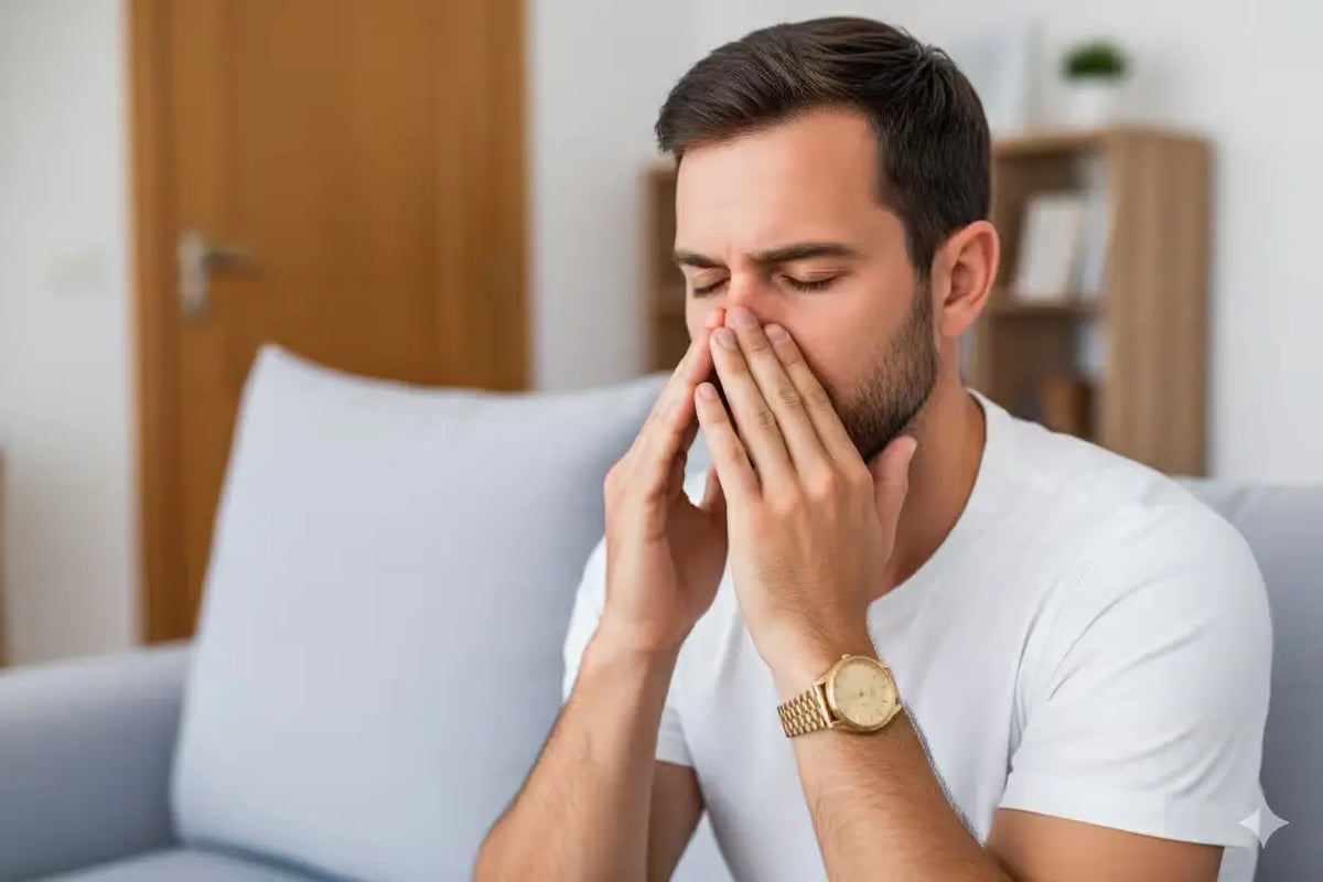 Person on a couch pressing the bridge of their nose, showing sinus pressure discomfort.