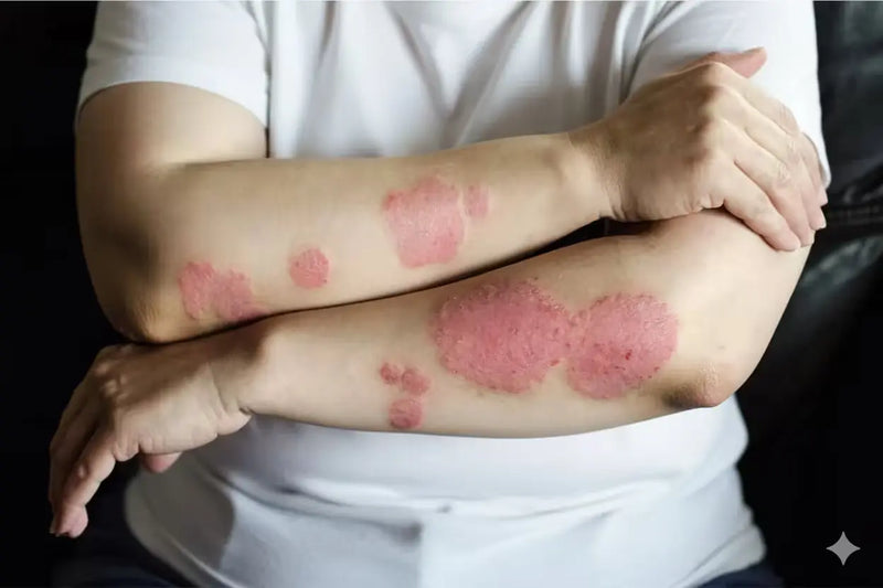 Crossed forearms showing red, scaly psoriasis plaques against a white shirt and dark background.