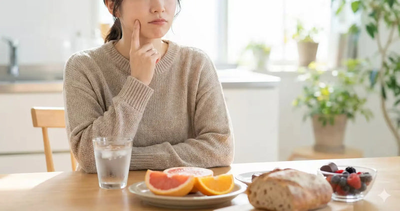 Person pauses at a table with citrus, ice water, bread, and berries.
