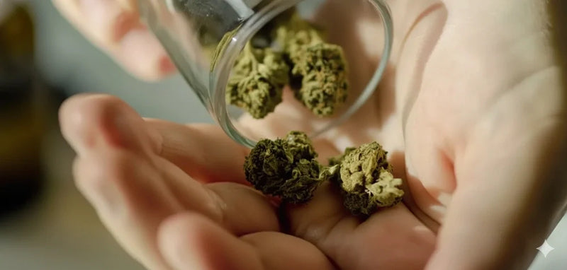 Cannabis buds tipped from a glass jar into an open hand, illustrating cannabis oral cancer risk.