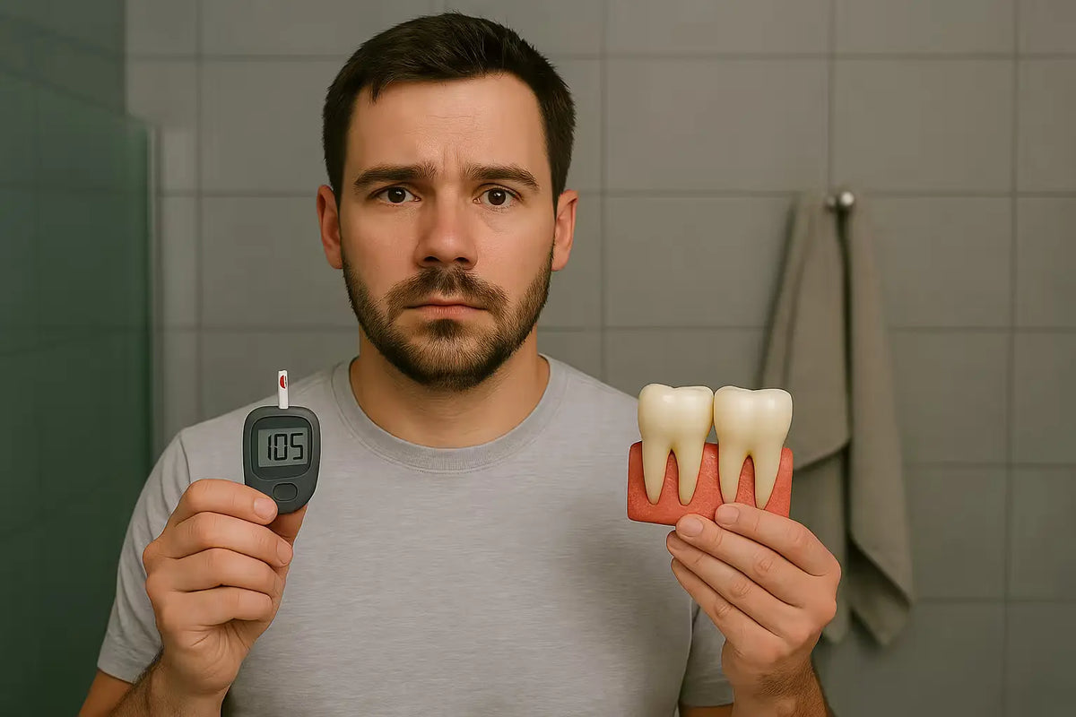 Person holding a glucose meter reading 105 and a tooth and gum model.