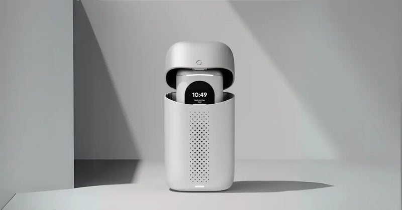 Electric toothbrush in a minimalist charging station, emphasizing its modern design and functionality