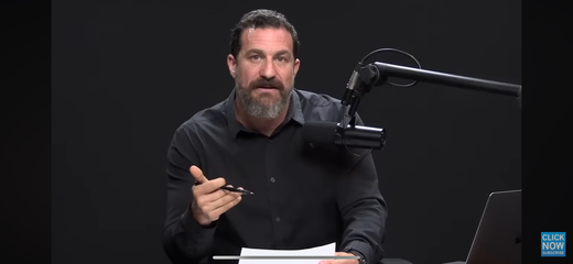 Podcast host at a studio microphone explaining the science of nighttime oral care.