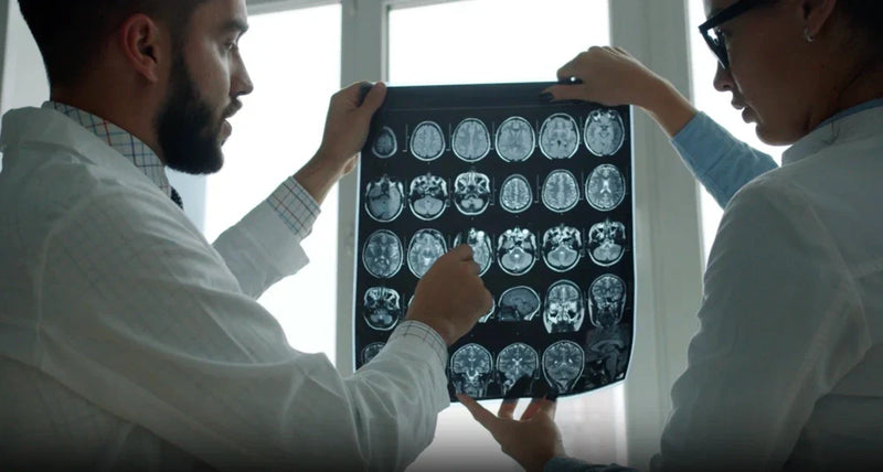 Two clinicians in white coats reviewing brain MRI scans linked to stroke risk.