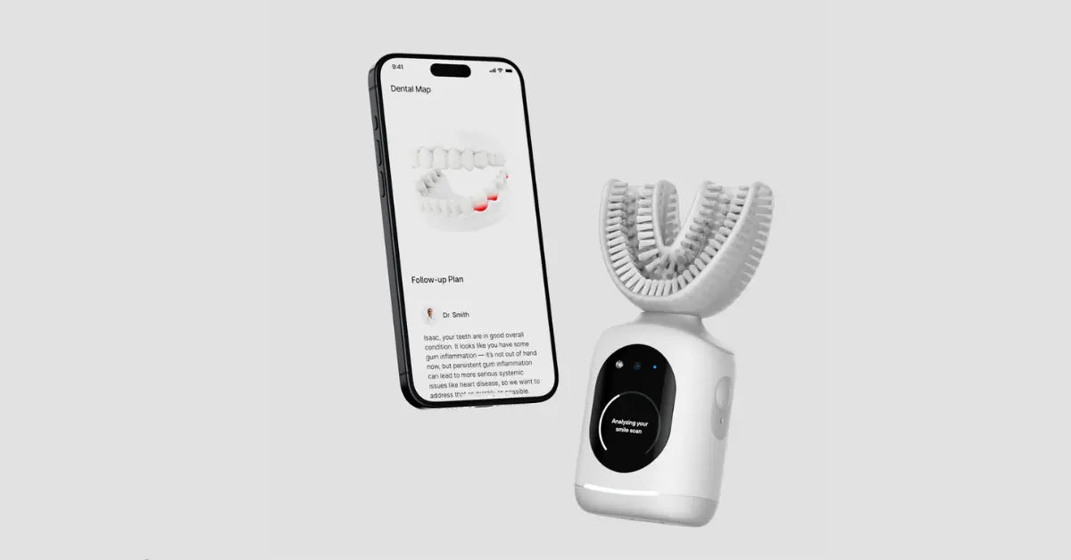 Smart toothbrush paired with a dental app on a smartphone, displaying a dental map and personalized recommendations