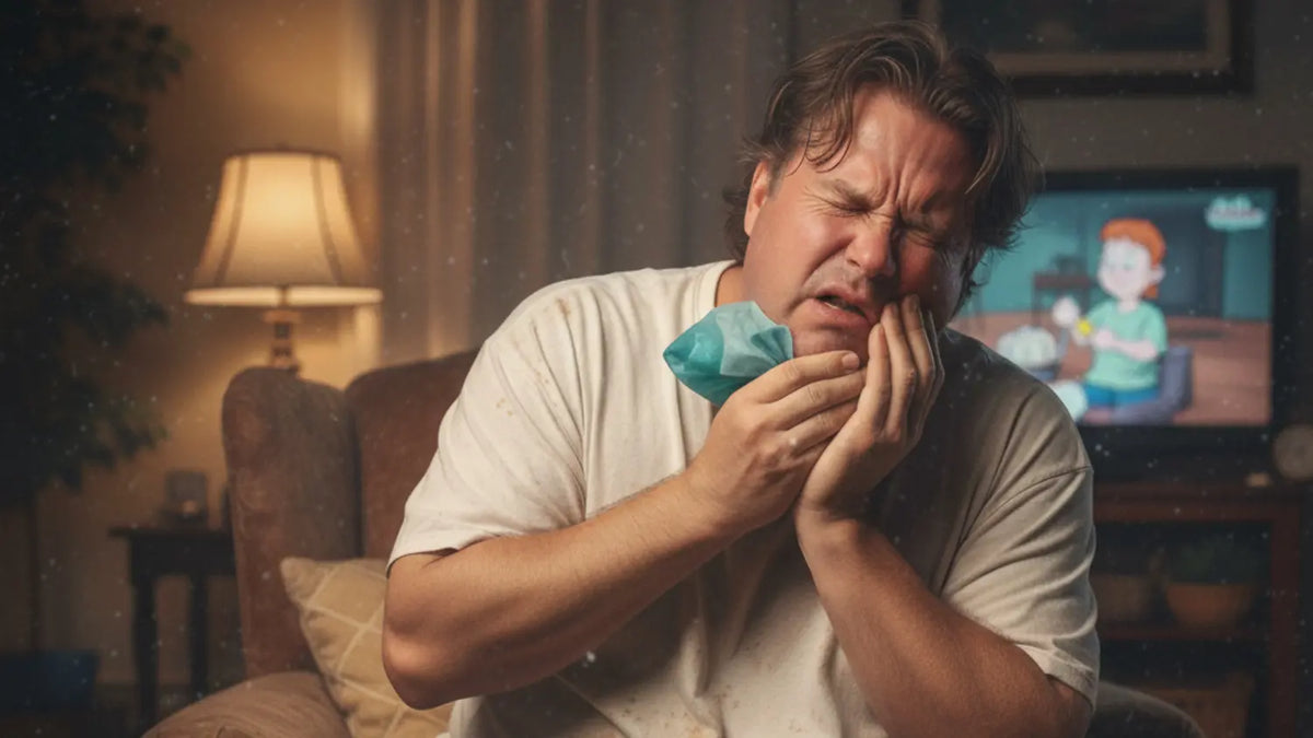 Person clutching jaw in tooth pain while holding a tissue on a couch.