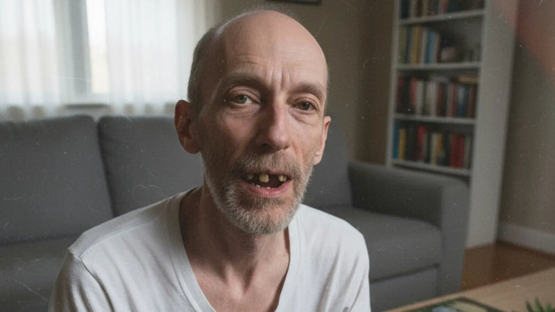 Gaunt person with missing teeth and gum recession, illustrating malnutrition's impact on oral health.