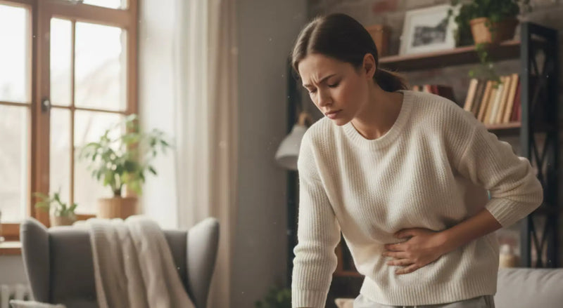 Person in a cream sweater clutching their abdomen in discomfort, illustrating liver disease symptoms.